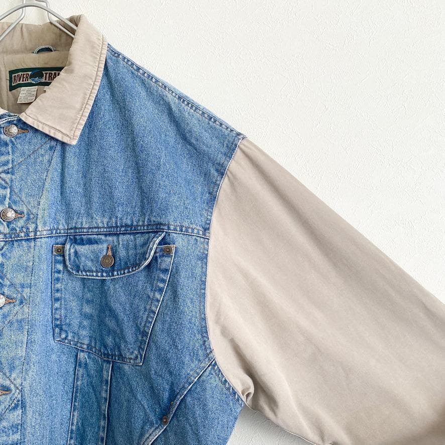海外古着 袖切替 配色 中綿 デニムジャケット スタジャン XL