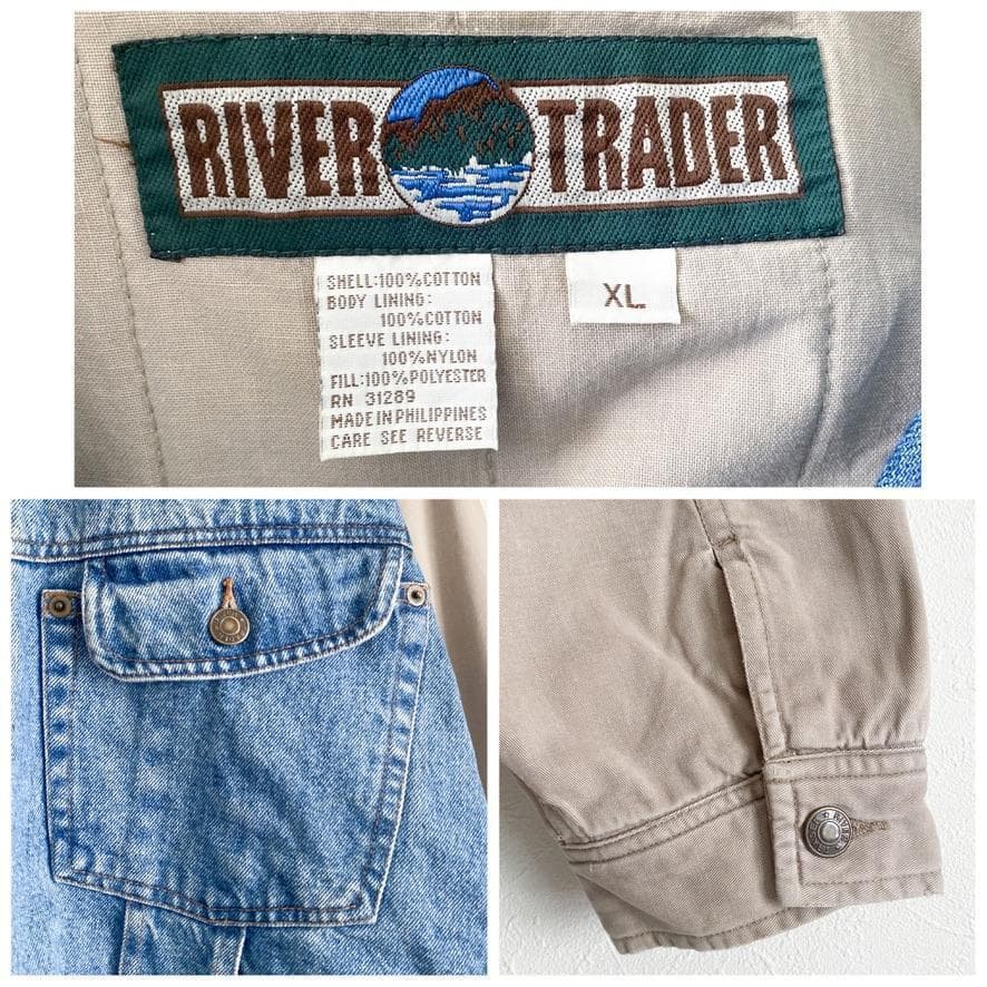 海外古着 袖切替 配色 中綿 デニムジャケット スタジャン XL