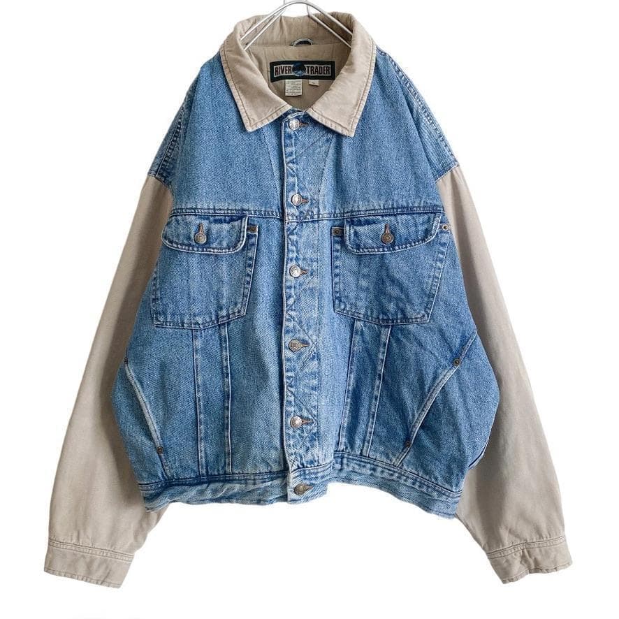 海外古着 袖切替 配色 中綿 デニムジャケット スタジャン XL