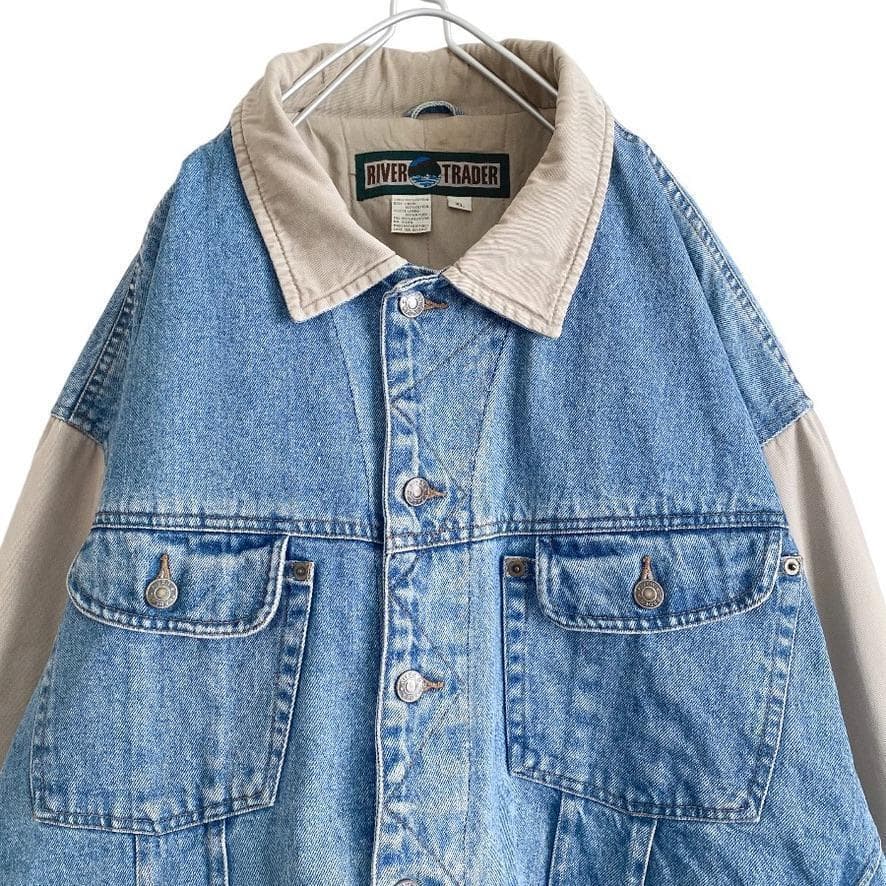 海外古着 袖切替 配色 中綿 デニムジャケット スタジャン XL