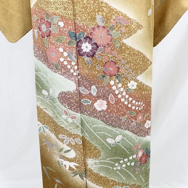 511mh91百貨店取扱い 訪問着 金彩 地紋 辻が花 梅竹 蝶 辛子色☆美品