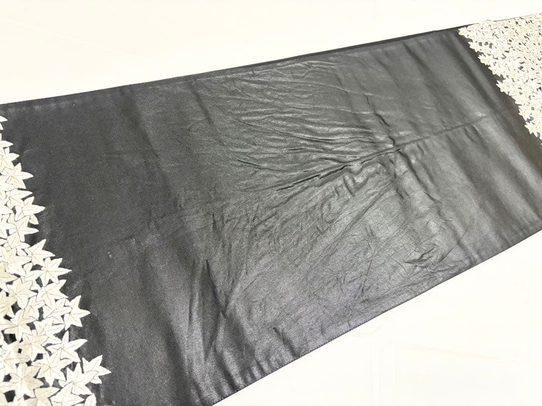 A 総手刺繍 蘇州刺繍 紅葉模様 金糸 白黒 正絹 太鼓柄 袋帯 O37