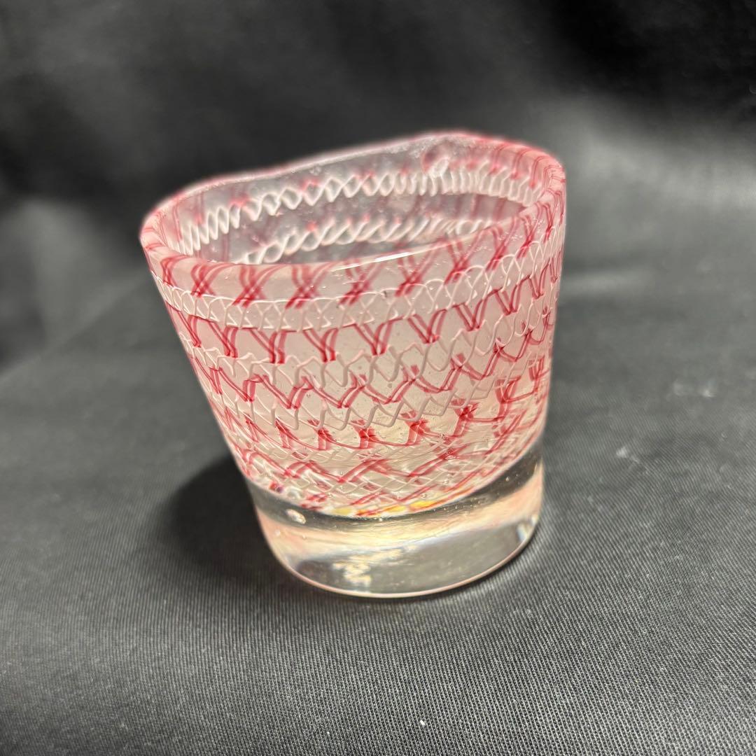 コアガラス　小暮紀一　冷酒杯　レース文様　赤　ぐい呑　おちょこ
