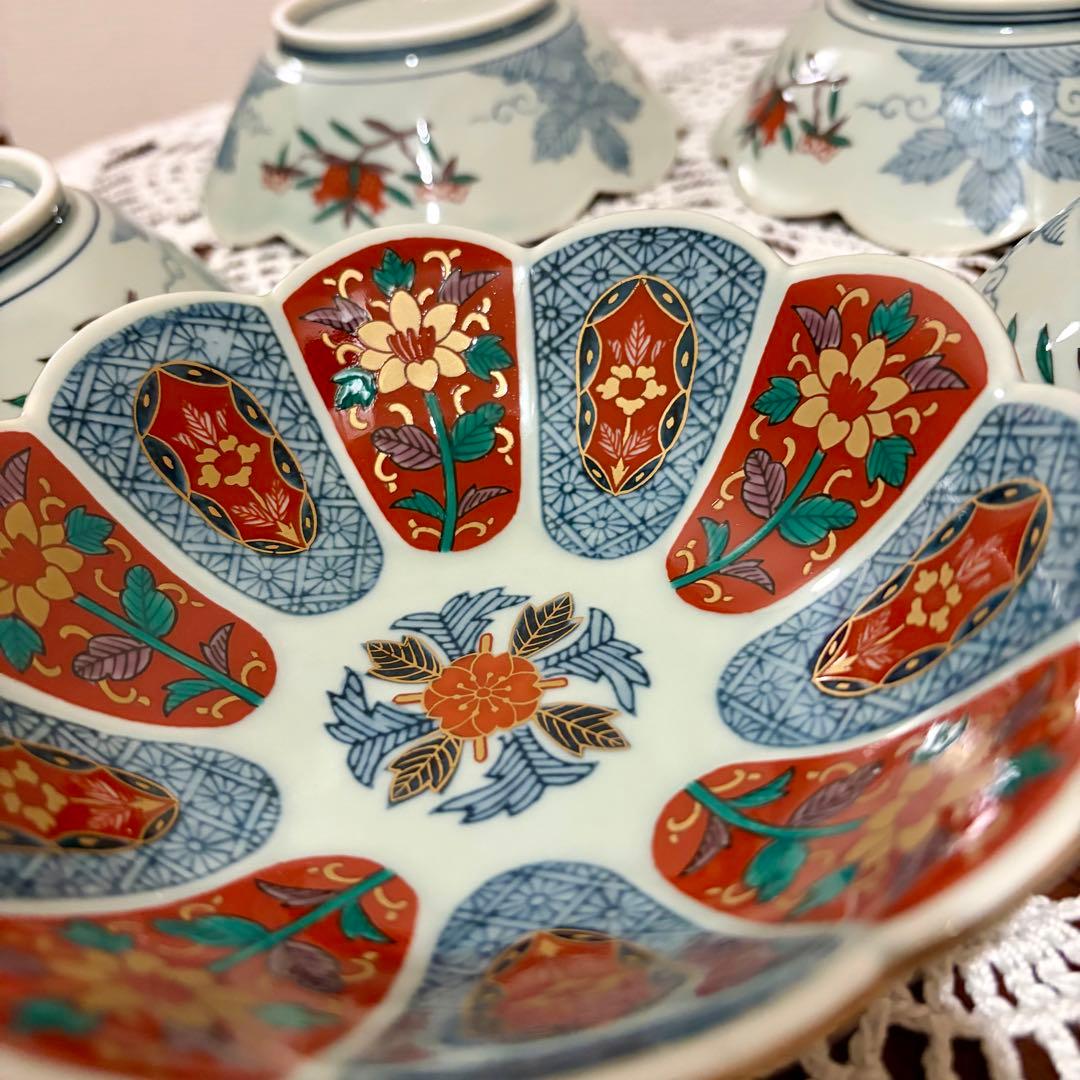 未使用★波佐見焼　林九郎窯　十方割花地紋小鉢揃　古伊万里　ペタルバイカラー　金彩