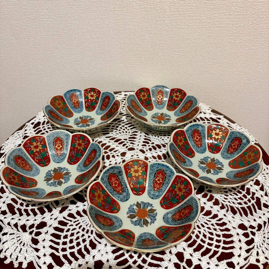 未使用★波佐見焼　林九郎窯　十方割花地紋小鉢揃　古伊万里　ペタルバイカラー　金彩