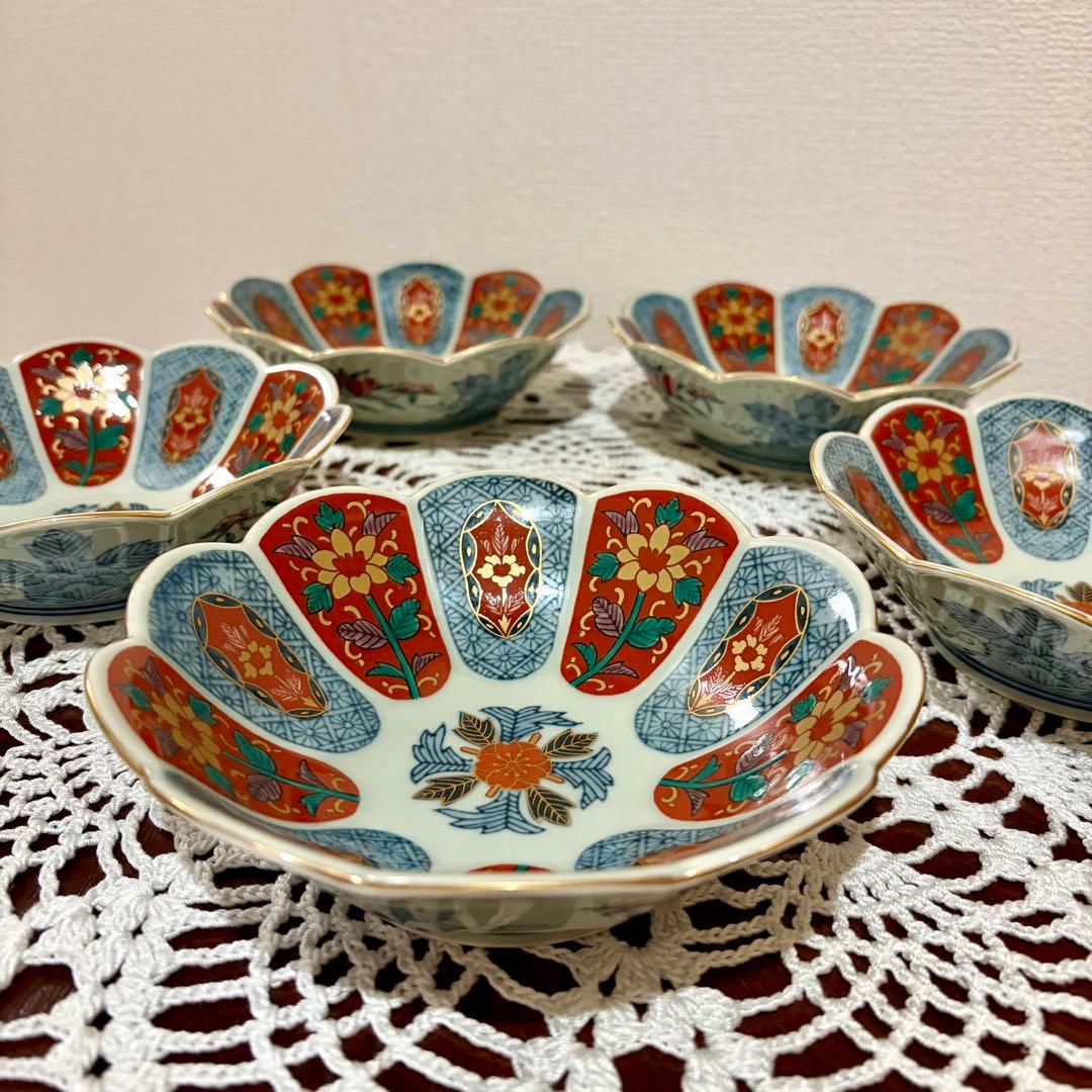 未使用★波佐見焼　林九郎窯　十方割花地紋小鉢揃　古伊万里　ペタルバイカラー　金彩