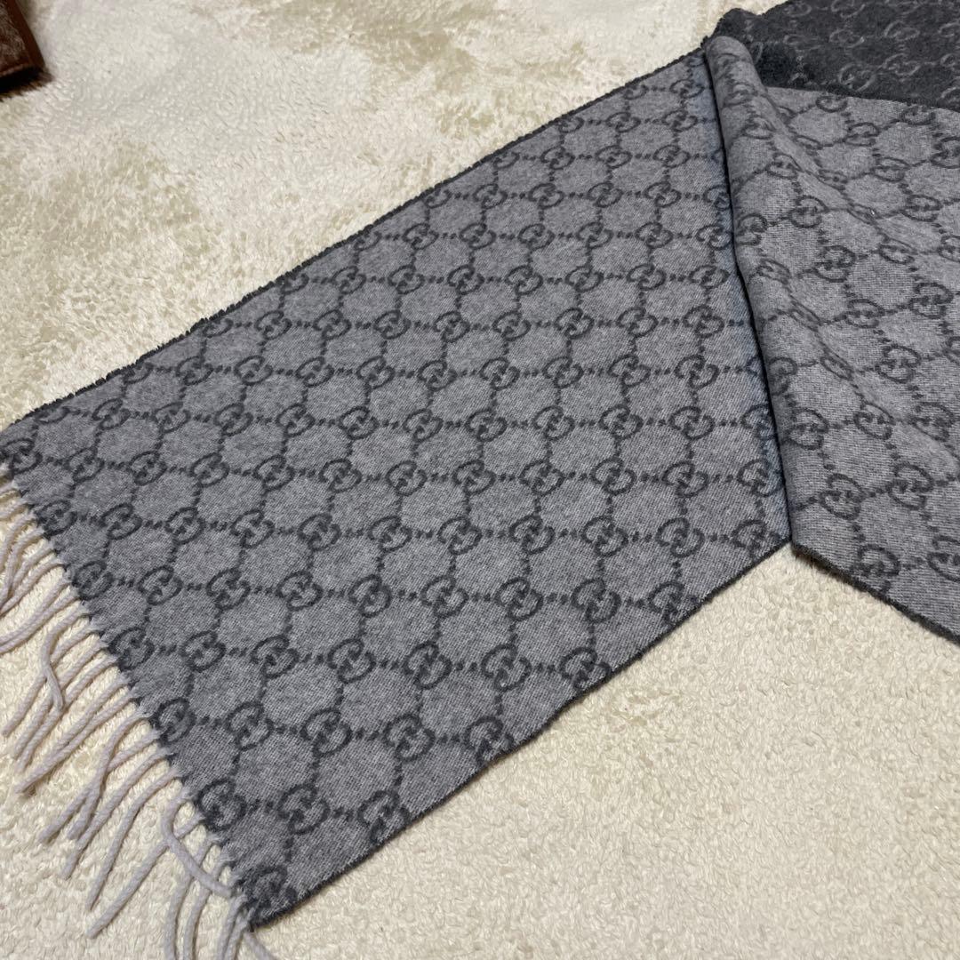 GUCCI グッチ GG柄 マフラー ストール フリンジ ウール グレー系正規品