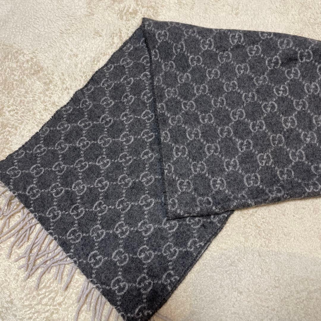 GUCCI グッチ GG柄 マフラー ストール フリンジ ウール グレー系正規品