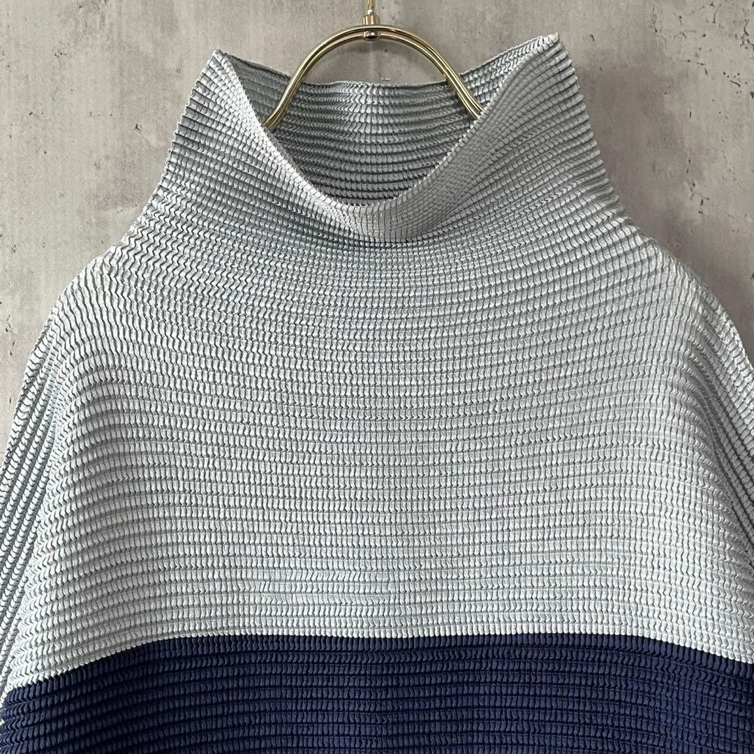 杉本プリーツ　矢羽根プリーツの配色プルオーバー　チュニック　FREE ネイビー