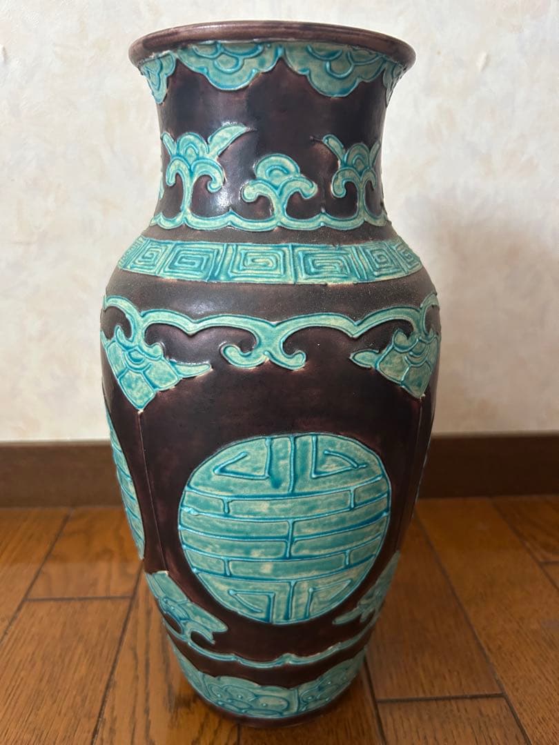 紀州 【偕楽園焼】 紫交趾 葵紋 大花瓶 高33㎝／　完品