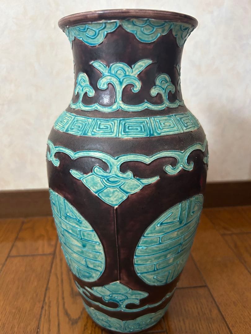 紀州 【偕楽園焼】 紫交趾 葵紋 大花瓶 高33㎝／　完品