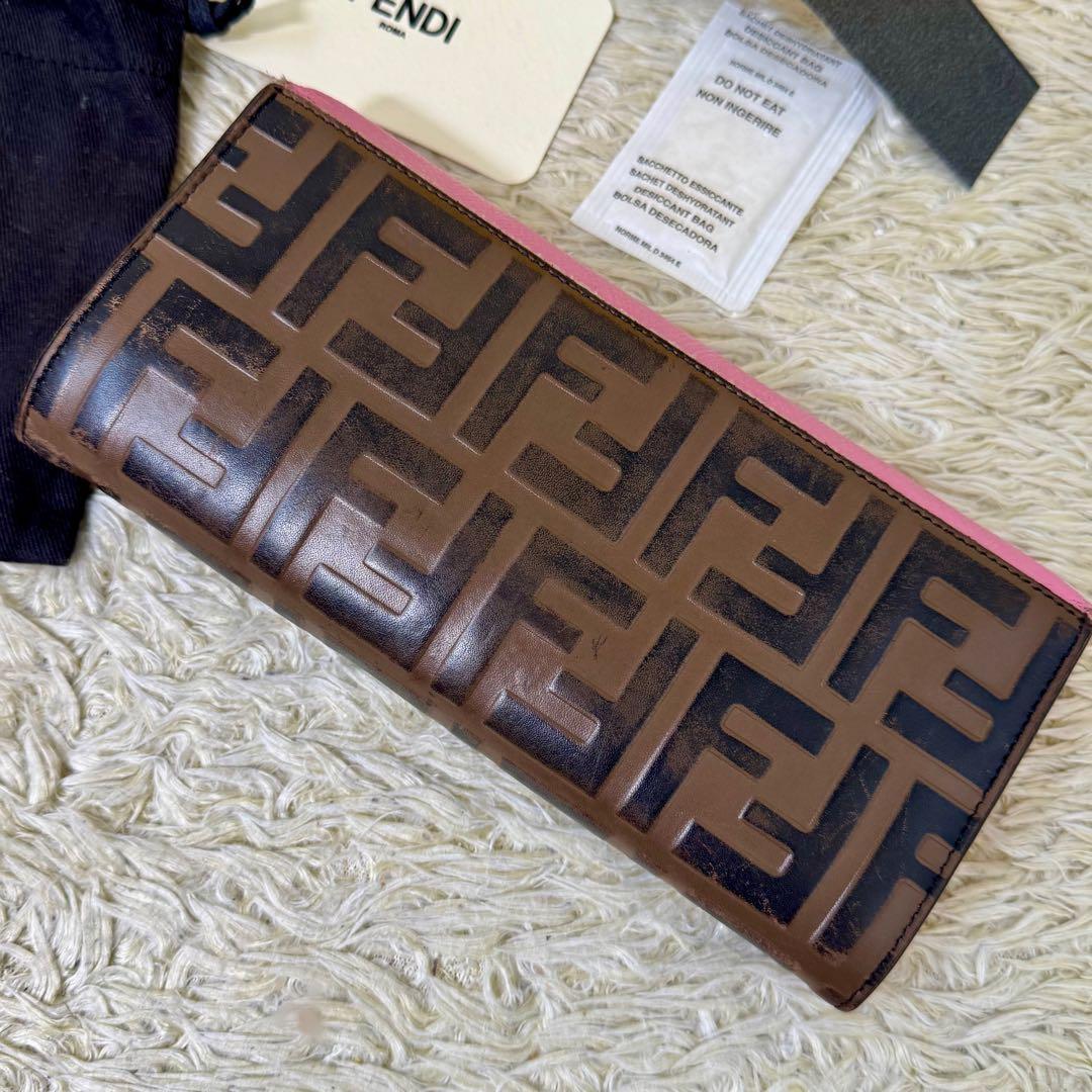 フェンディ FENDI ズッカ エフイズ 長財布 レザー ピンク レディース