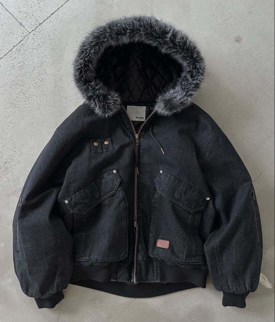 perushu ヴィンテージライクデニムフードファーブルゾン s ブラック
