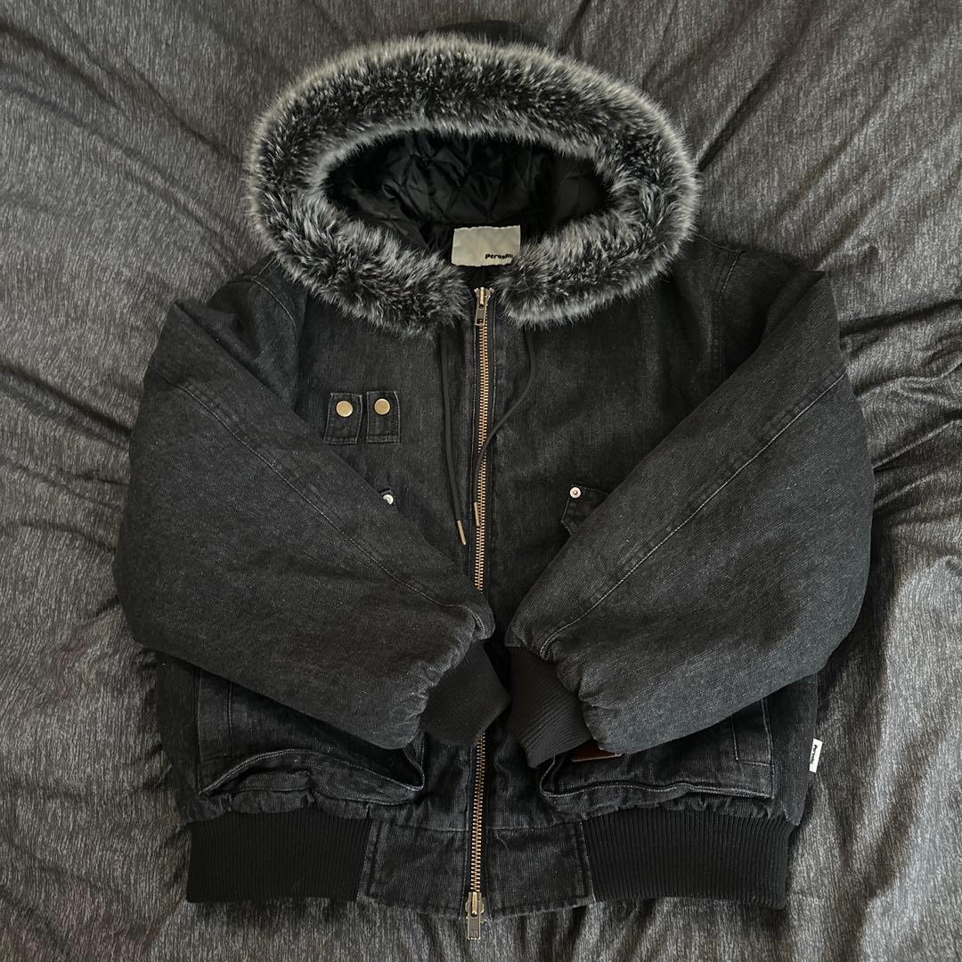 perushu ヴィンテージライクデニムフードファーブルゾン s ブラック