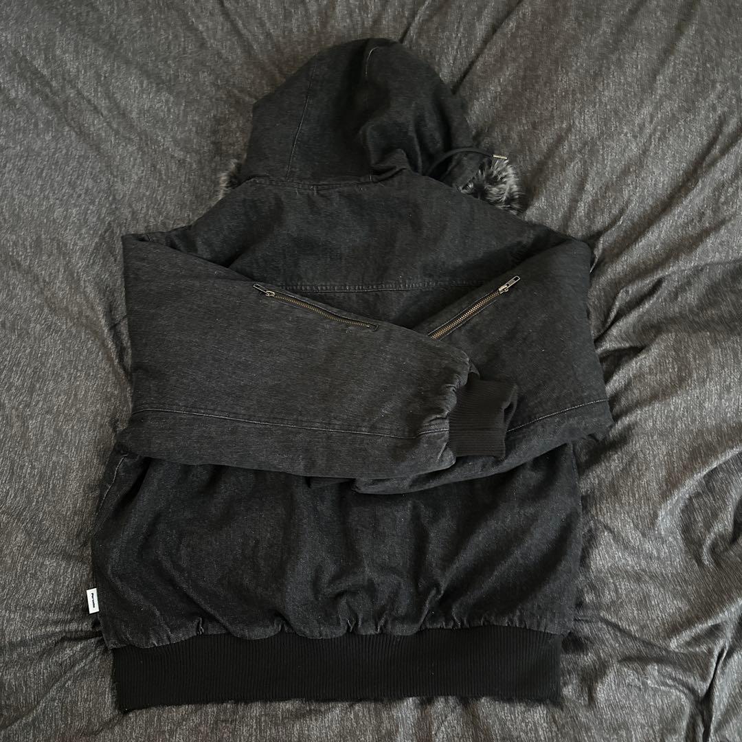 perushu ヴィンテージライクデニムフードファーブルゾン s ブラック