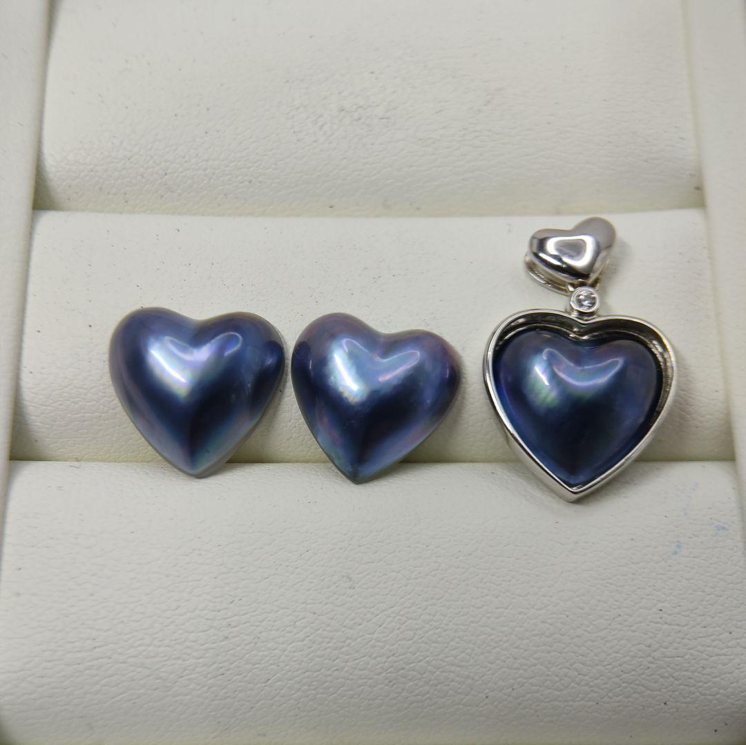 くっきー☆様ご確認用　本真珠　マベパール　濃いブルー3点セットブローチペンダント