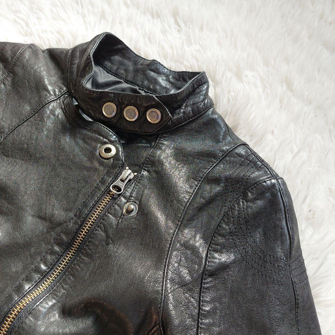 ラムレザー Loungedress ダブルライダースジャケット クロップド丈 黒