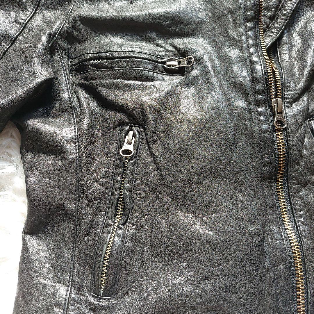 ラムレザー Loungedress ダブルライダースジャケット クロップド丈 黒