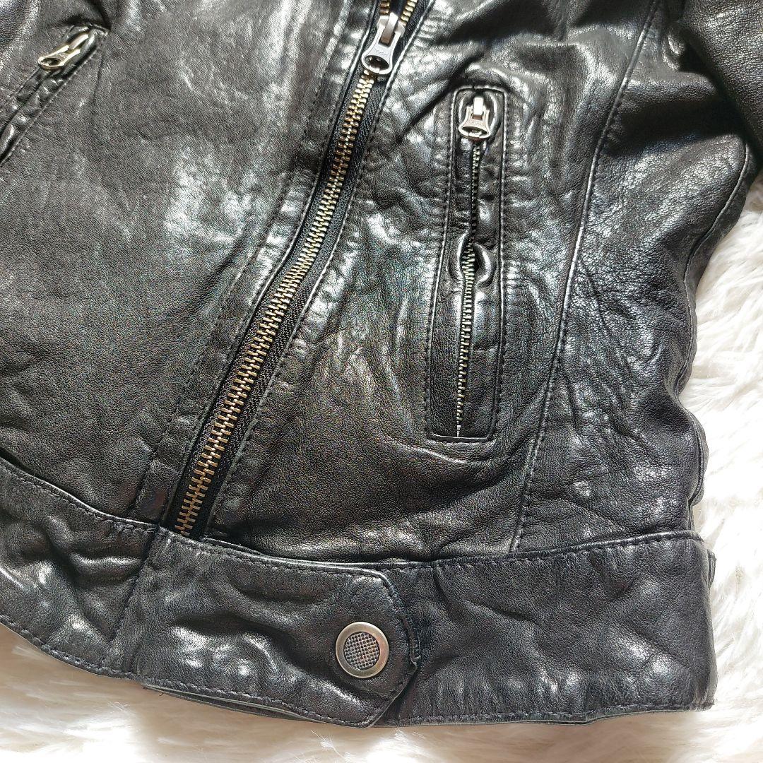 ラムレザー Loungedress ダブルライダースジャケット クロップド丈 黒