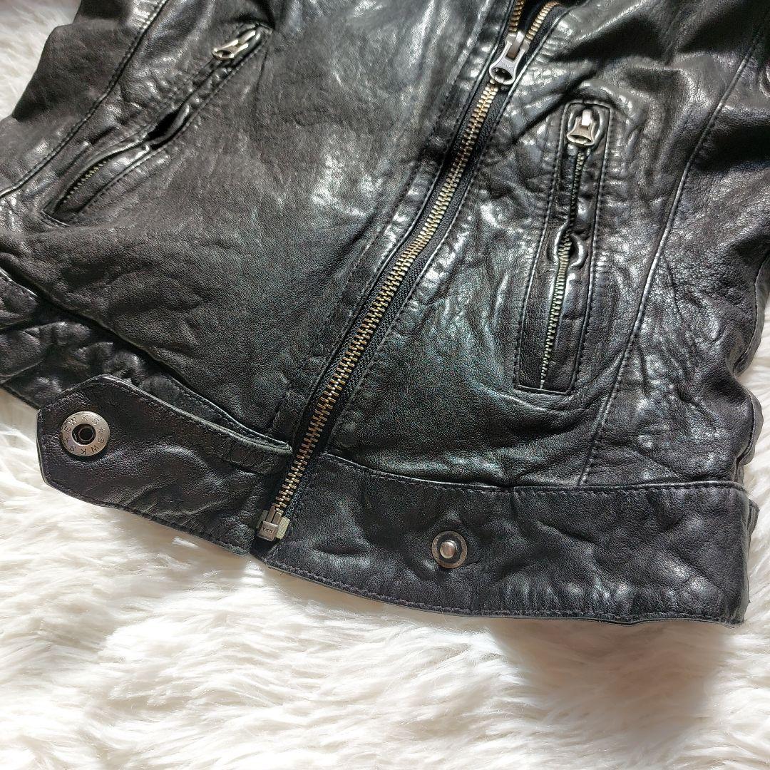 ラムレザー Loungedress ダブルライダースジャケット クロップド丈 黒