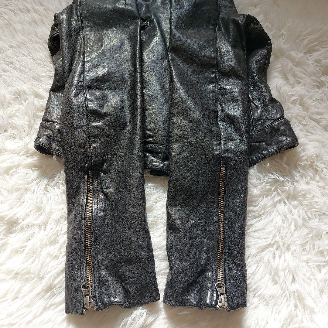 ラムレザー Loungedress ダブルライダースジャケット クロップド丈 黒