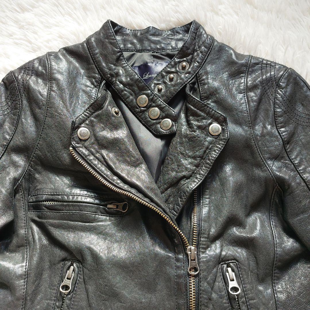 ラムレザー Loungedress ダブルライダースジャケット クロップド丈 黒