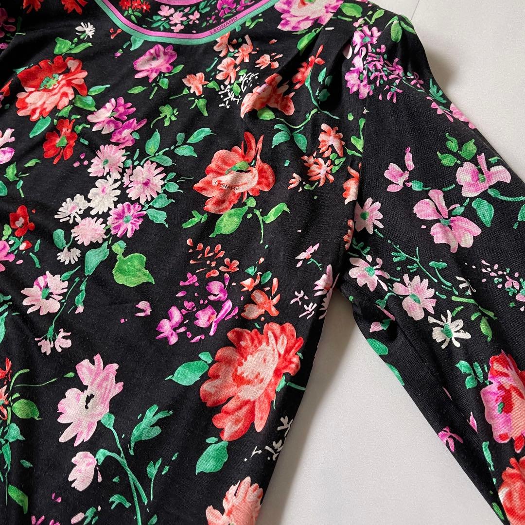極美品✨ レオナール カットソー トリム ストレッチ バラ 花 シルクウール M