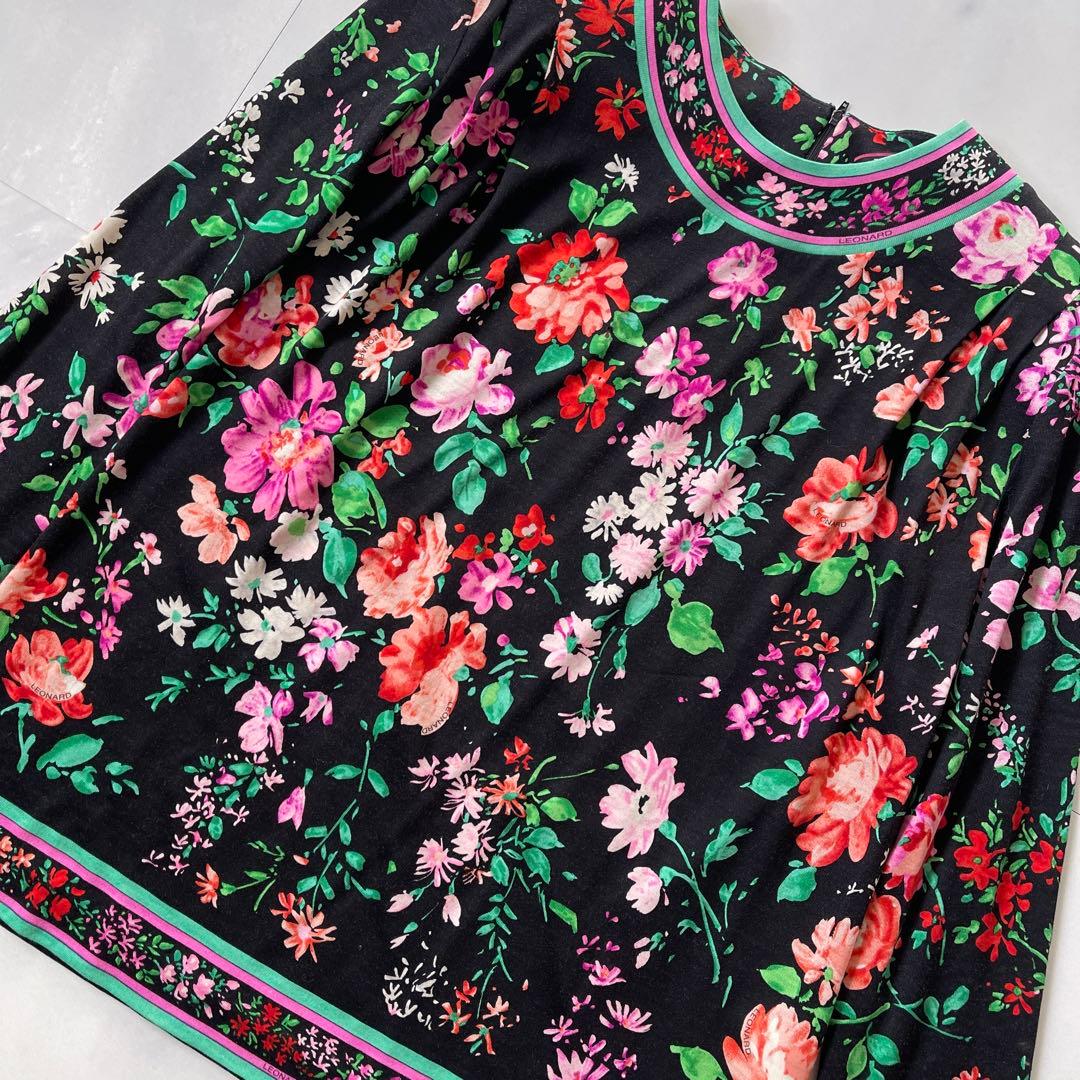 極美品✨ レオナール カットソー トリム ストレッチ バラ 花 シルクウール M
