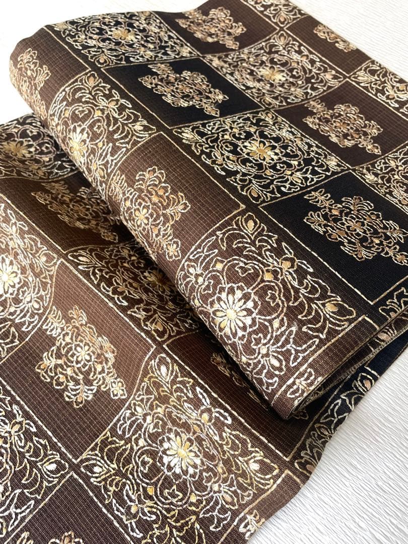 洒落袋帯 大人モダンな総刺繍袋帯 正絹◇ブラウン×ブラック