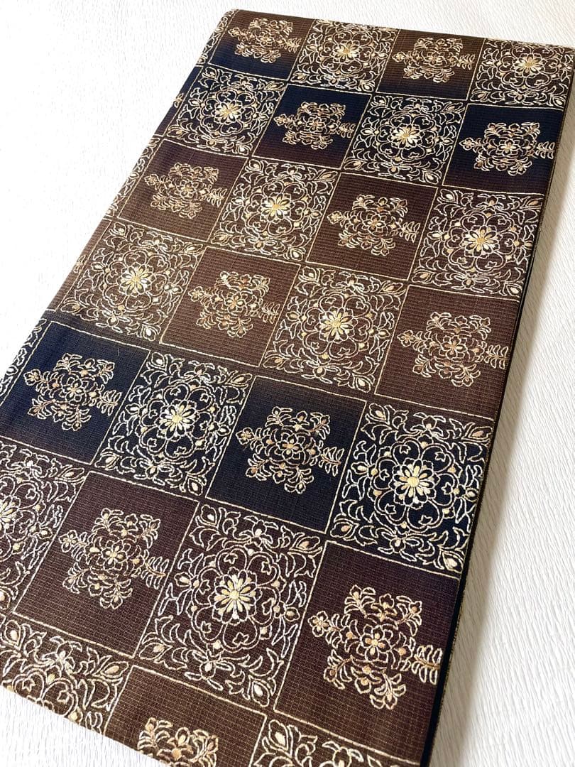 洒落袋帯 大人モダンな総刺繍袋帯 正絹◇ブラウン×ブラック