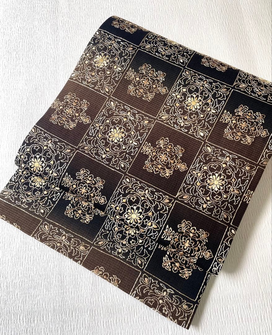 洒落袋帯 大人モダンな総刺繍袋帯 正絹◇ブラウン×ブラック