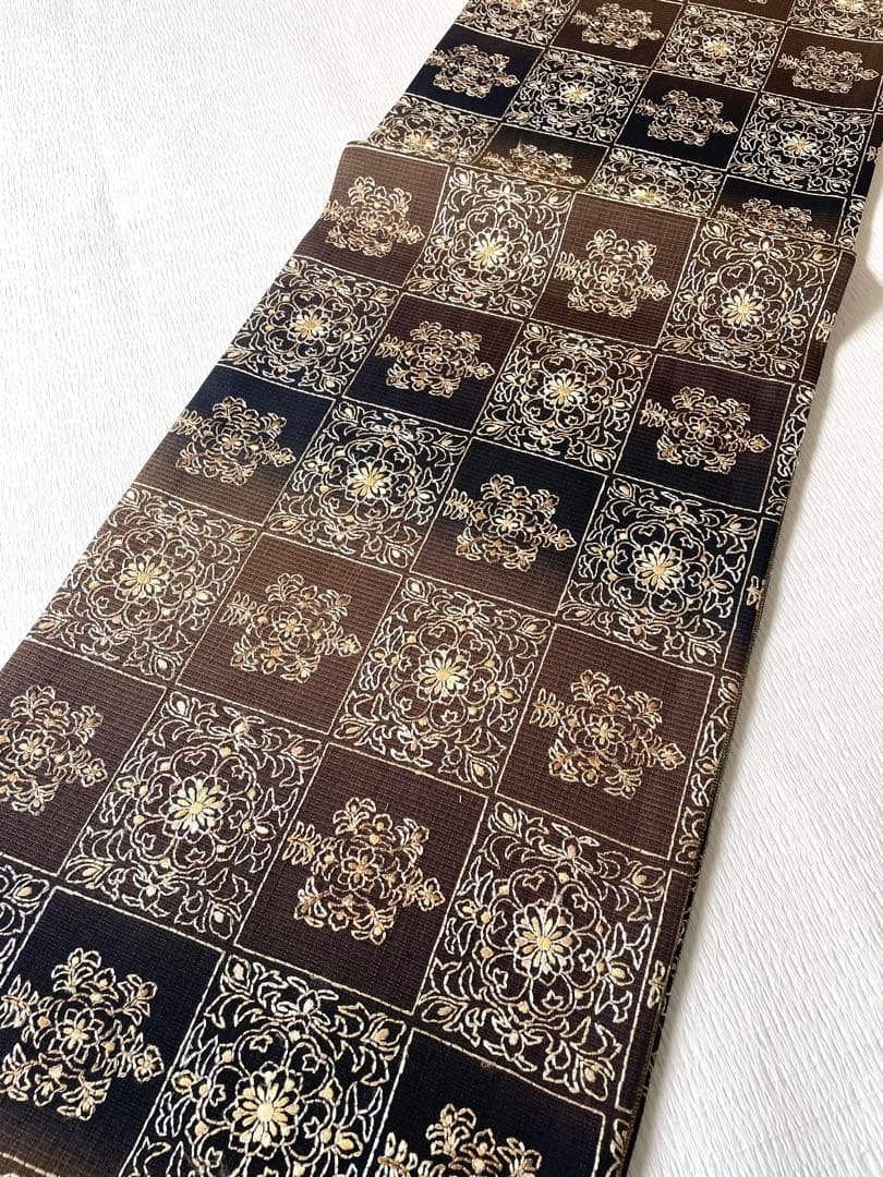 洒落袋帯 大人モダンな総刺繍袋帯 正絹◇ブラウン×ブラック