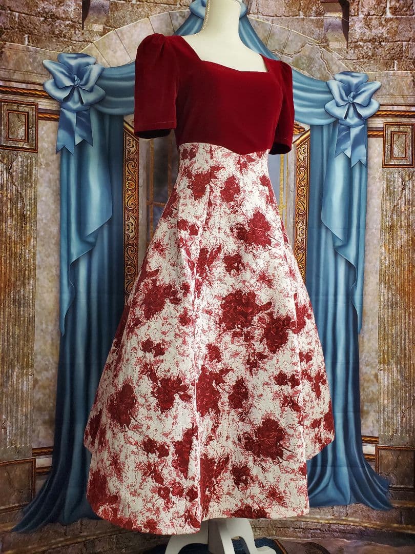 M【新品インポートセレクト】ベロアジャガードクラシカルドレス冬ドレス赤 演奏会