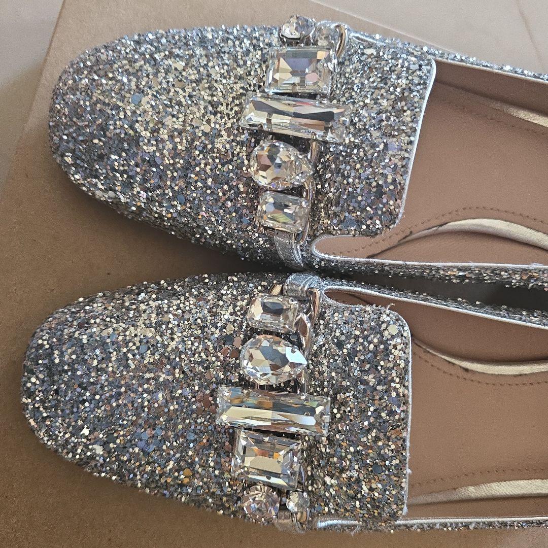 美品 Miu Miu シルバー ビジュー フラットシューズ