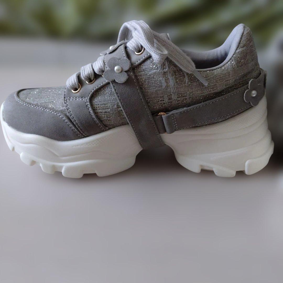 【専用】ESPERANZA 厚底スニーカー ツイード グレー フラワーベルト