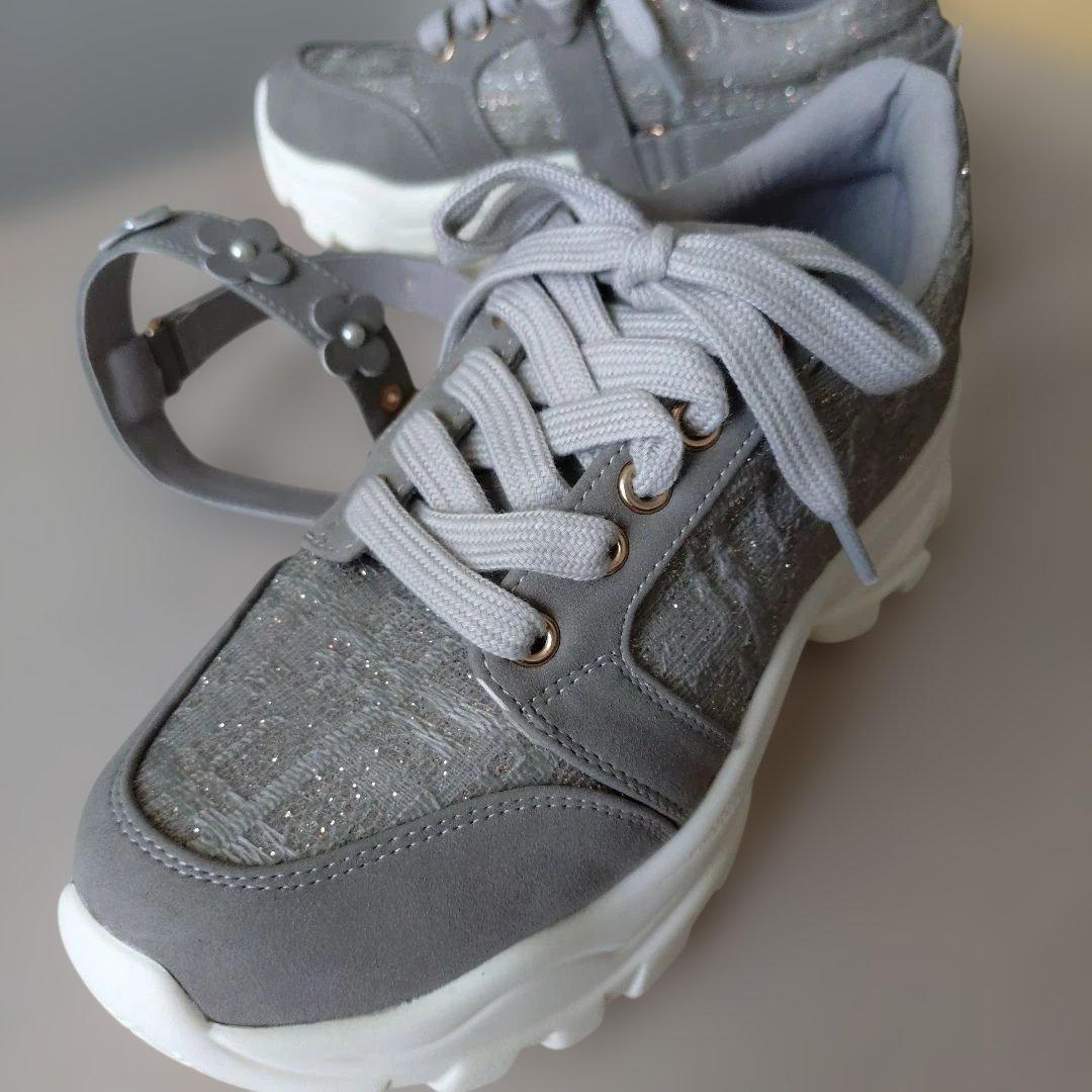 【専用】ESPERANZA 厚底スニーカー ツイード グレー フラワーベルト