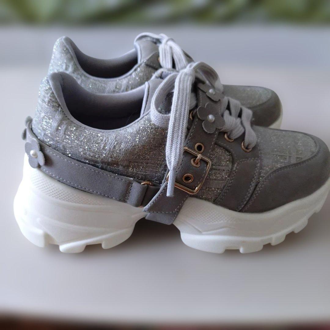 【専用】ESPERANZA 厚底スニーカー ツイード グレー フラワーベルト