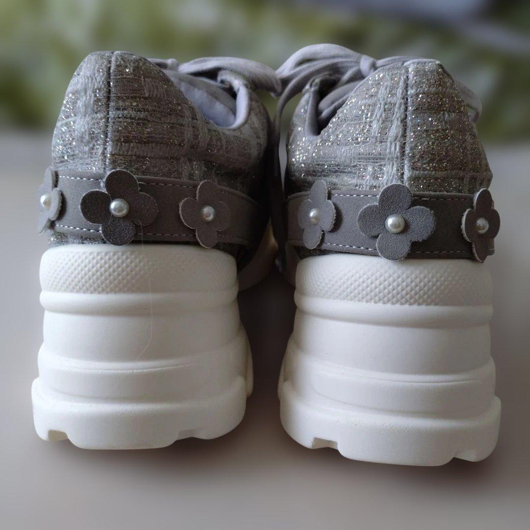 【専用】ESPERANZA 厚底スニーカー ツイード グレー フラワーベルト