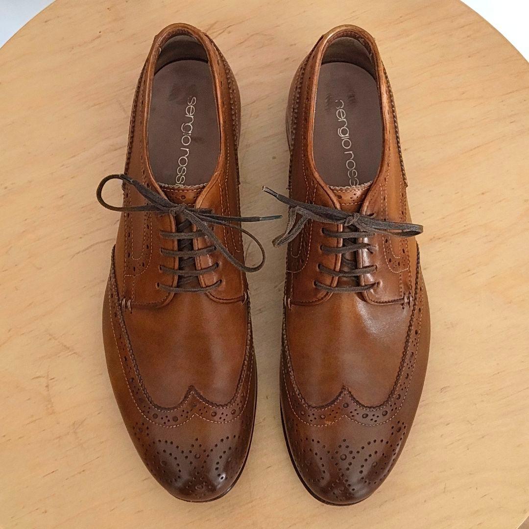 セルジオロッシ　ブラウン レザー ウィングチップ ドレスシューズ　レザーソール