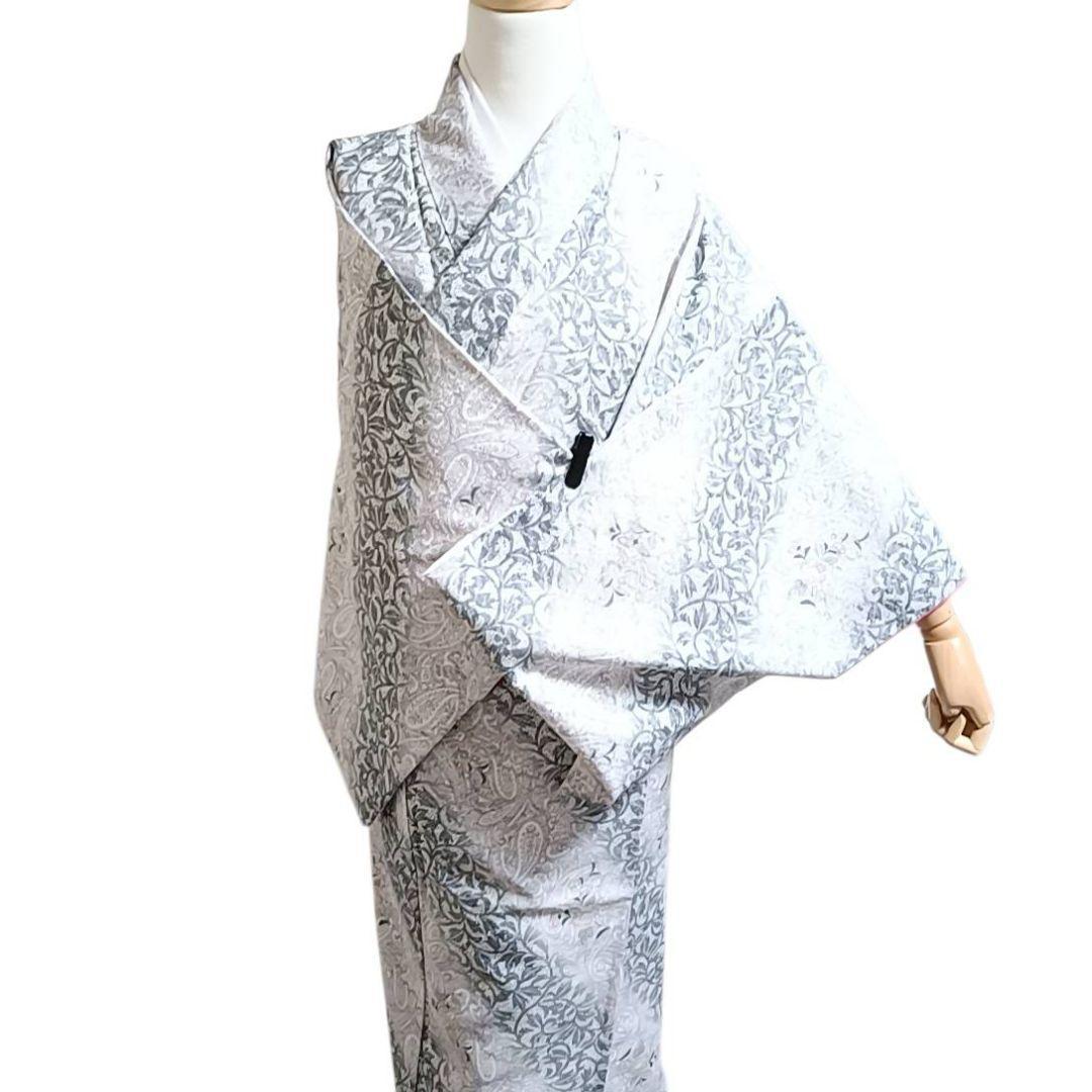 LULU64 着物 小紋 袷 洗える着物 ペイズリー 花 叩き染め調 白 紫