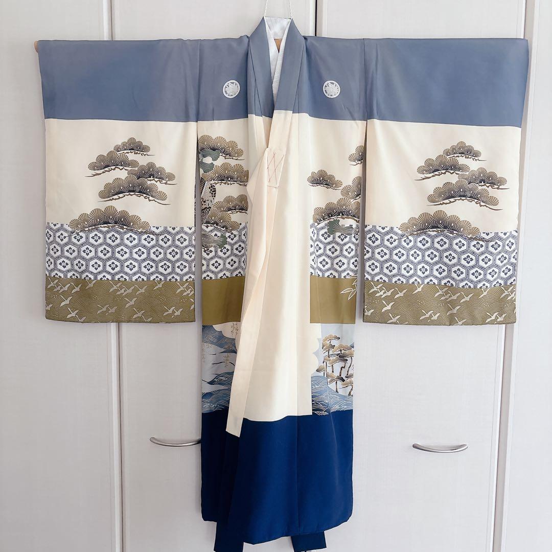 七五三　５歳　男の子　男児　正絹着物　袴　セット　子供着物　青　紺　雪駄　角帯