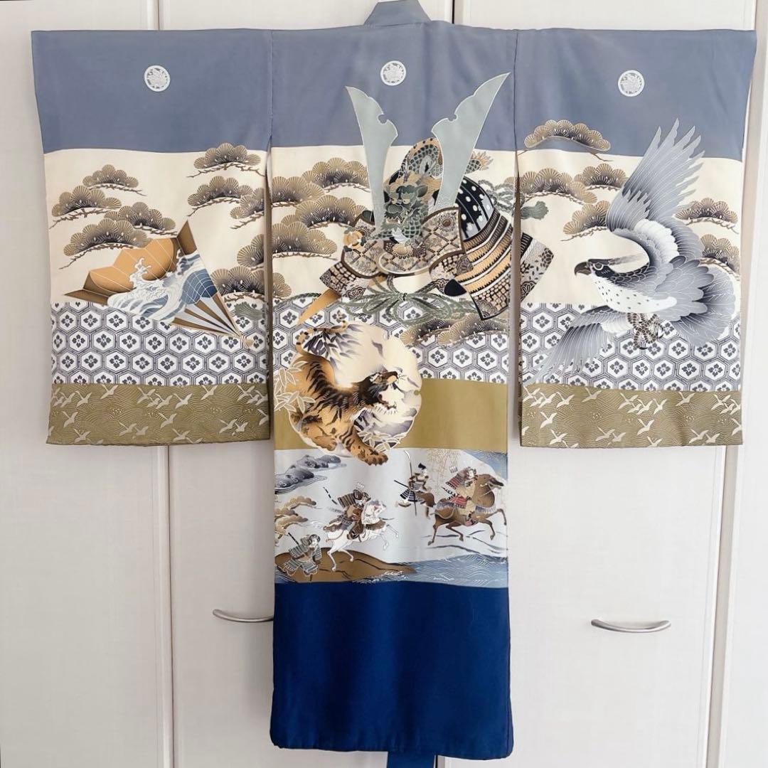 七五三　５歳　男の子　男児　正絹着物　袴　セット　子供着物　青　紺　雪駄　角帯