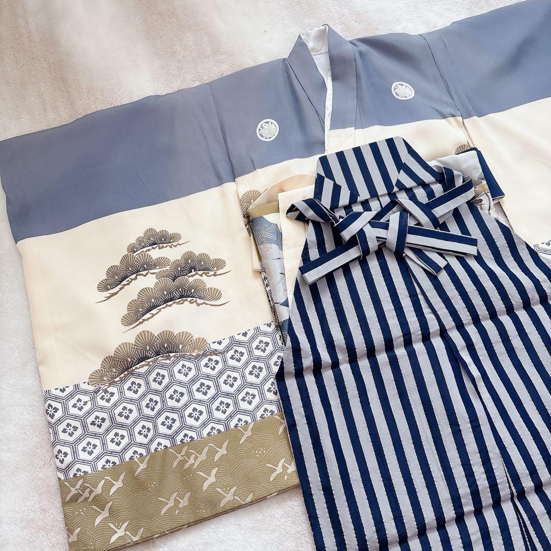 七五三　５歳　男の子　男児　正絹着物　袴　セット　子供着物　青　紺　雪駄　角帯