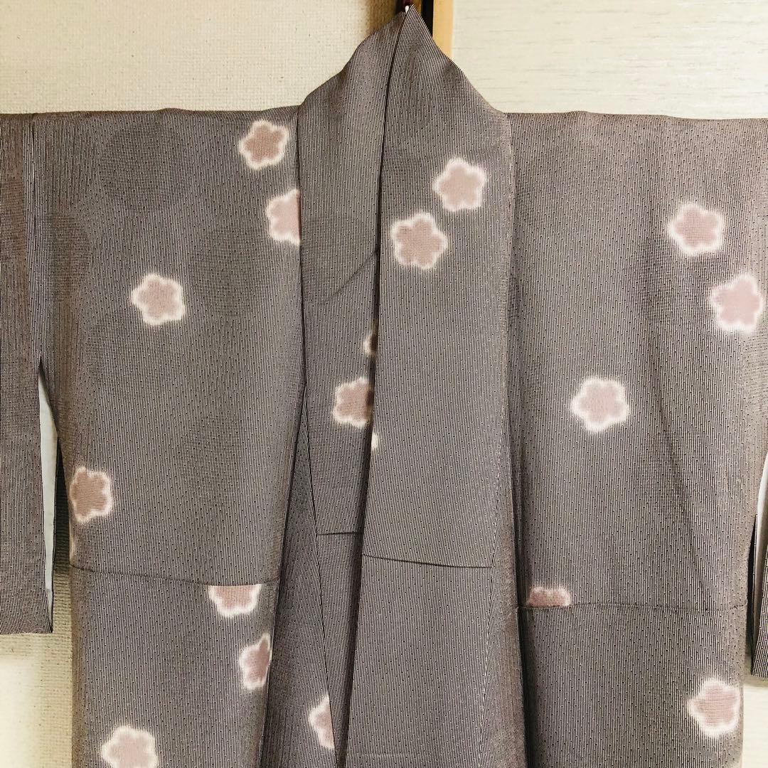 【美品　トールサイズ】江戸小紋　竹縞　桜　正絹　袷　裄丈70 身丈172