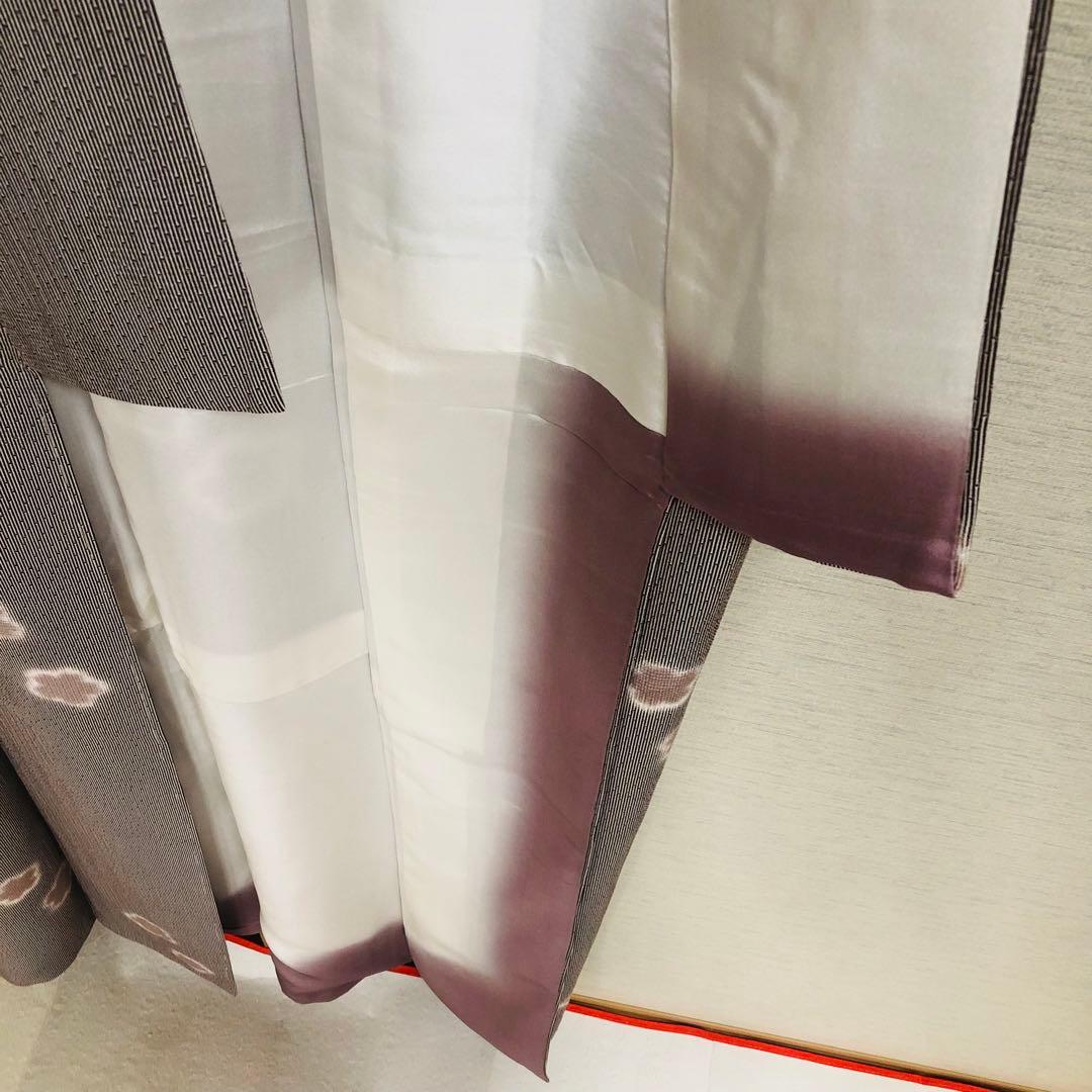 【美品　トールサイズ】江戸小紋　竹縞　桜　正絹　袷　裄丈70 身丈172