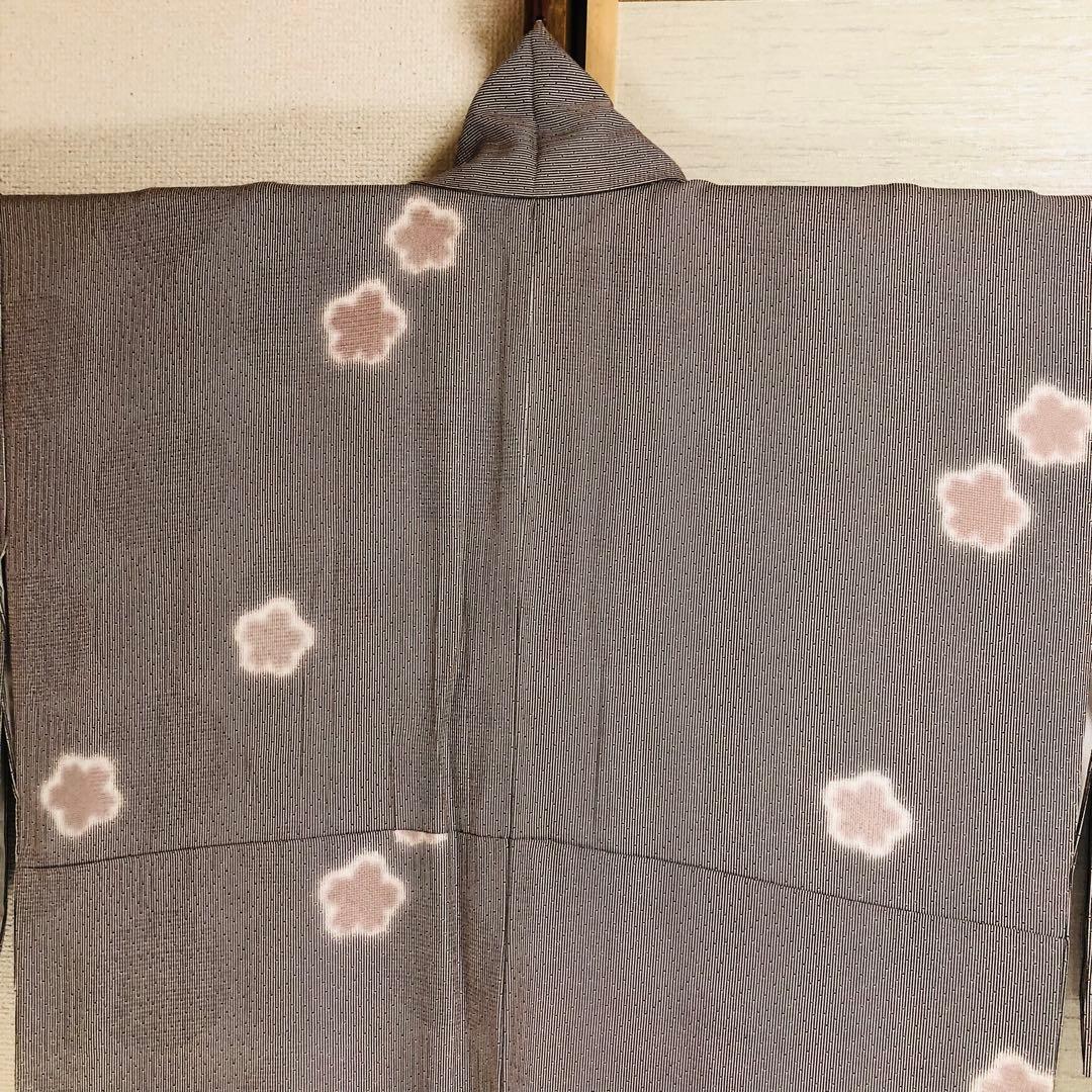 【美品　トールサイズ】江戸小紋　竹縞　桜　正絹　袷　裄丈70 身丈172