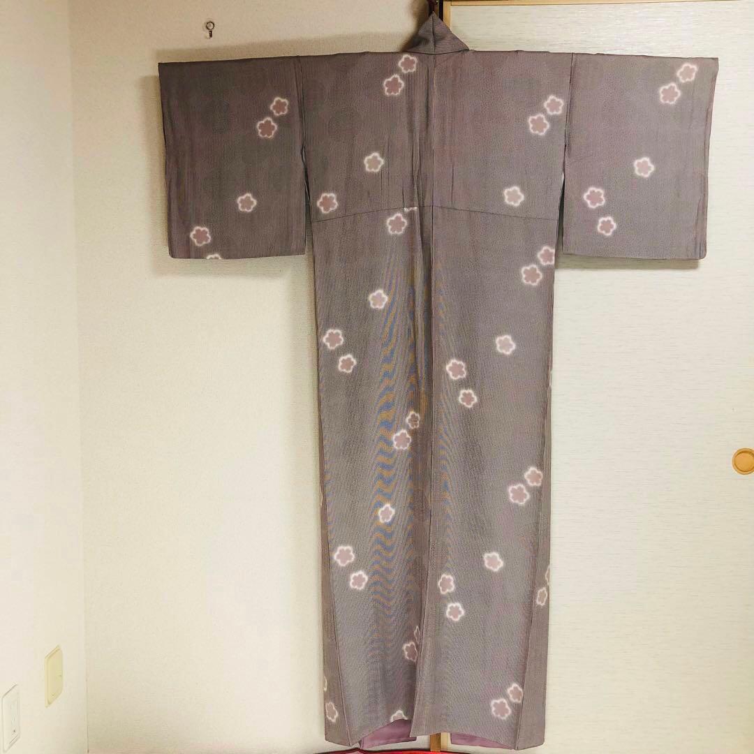 【美品　トールサイズ】江戸小紋　竹縞　桜　正絹　袷　裄丈70 身丈172