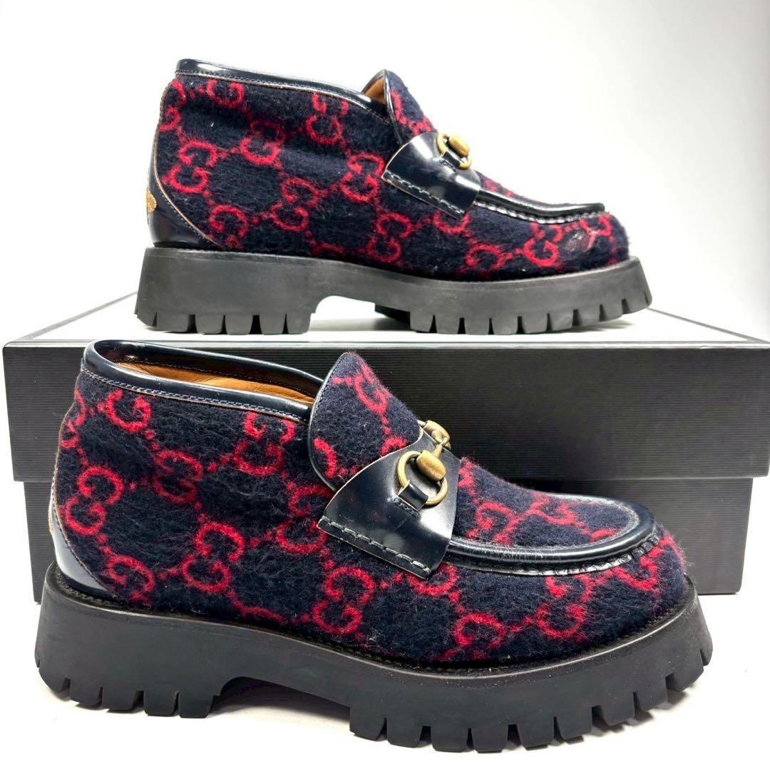 GUCCI グッチ　ブーツ　ホースビット　ローファー　ウール　GG ネイビー
