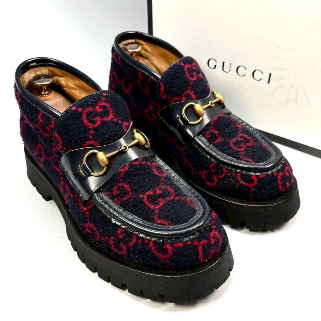 GUCCI グッチ　ブーツ　ホースビット　ローファー　ウール　GG ネイビー