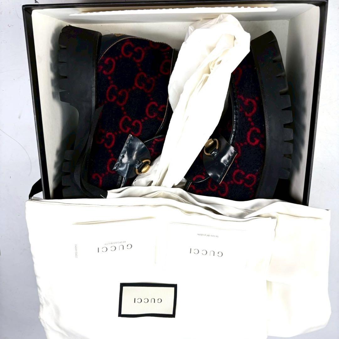 GUCCI グッチ　ブーツ　ホースビット　ローファー　ウール　GG ネイビー